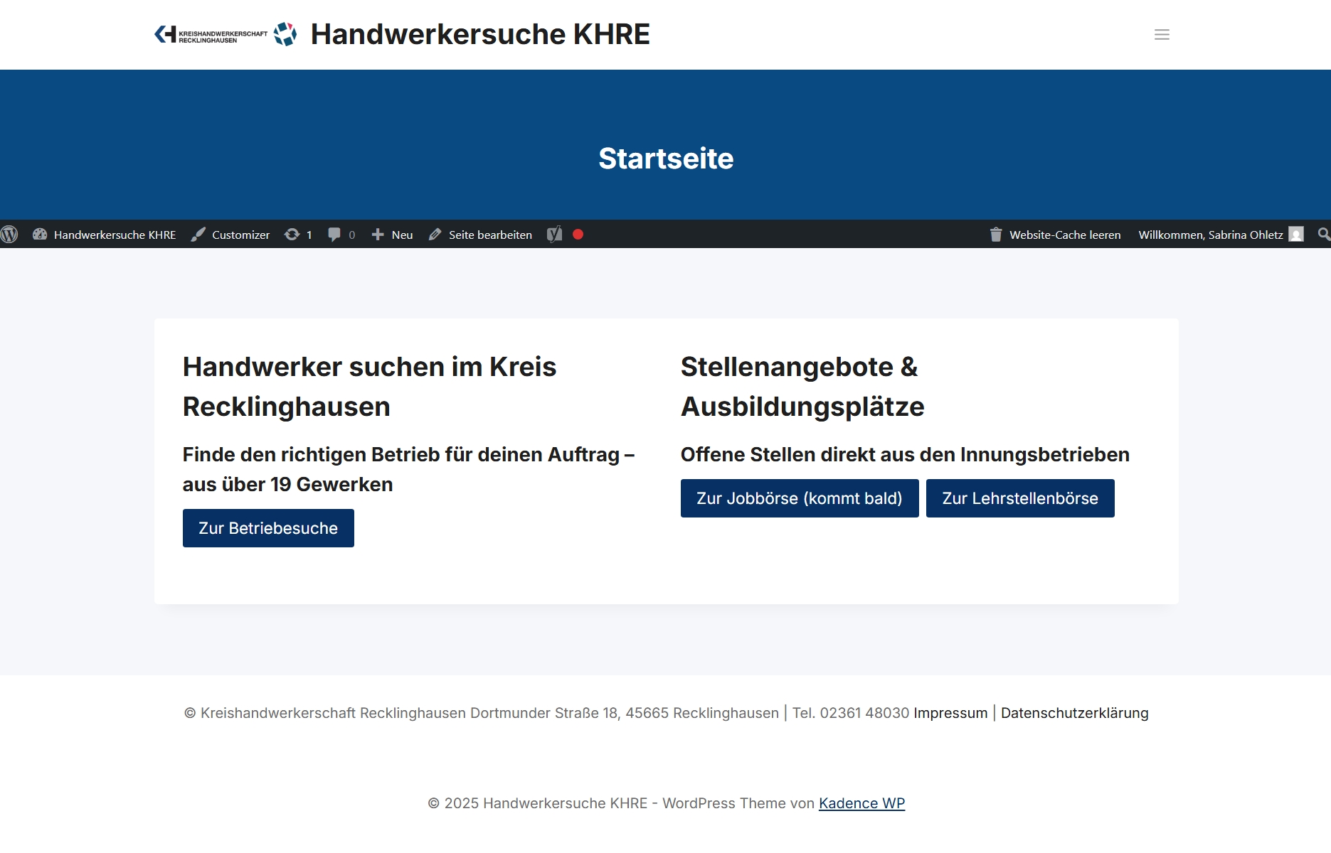 Screenshot der neuen Handwerkersuche auf der KHRE-Website