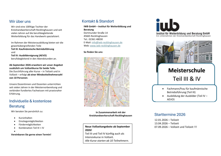 Start Meisterschule Teil IV – Vollzeit (Ausbildung der Ausbilder / AEVO)