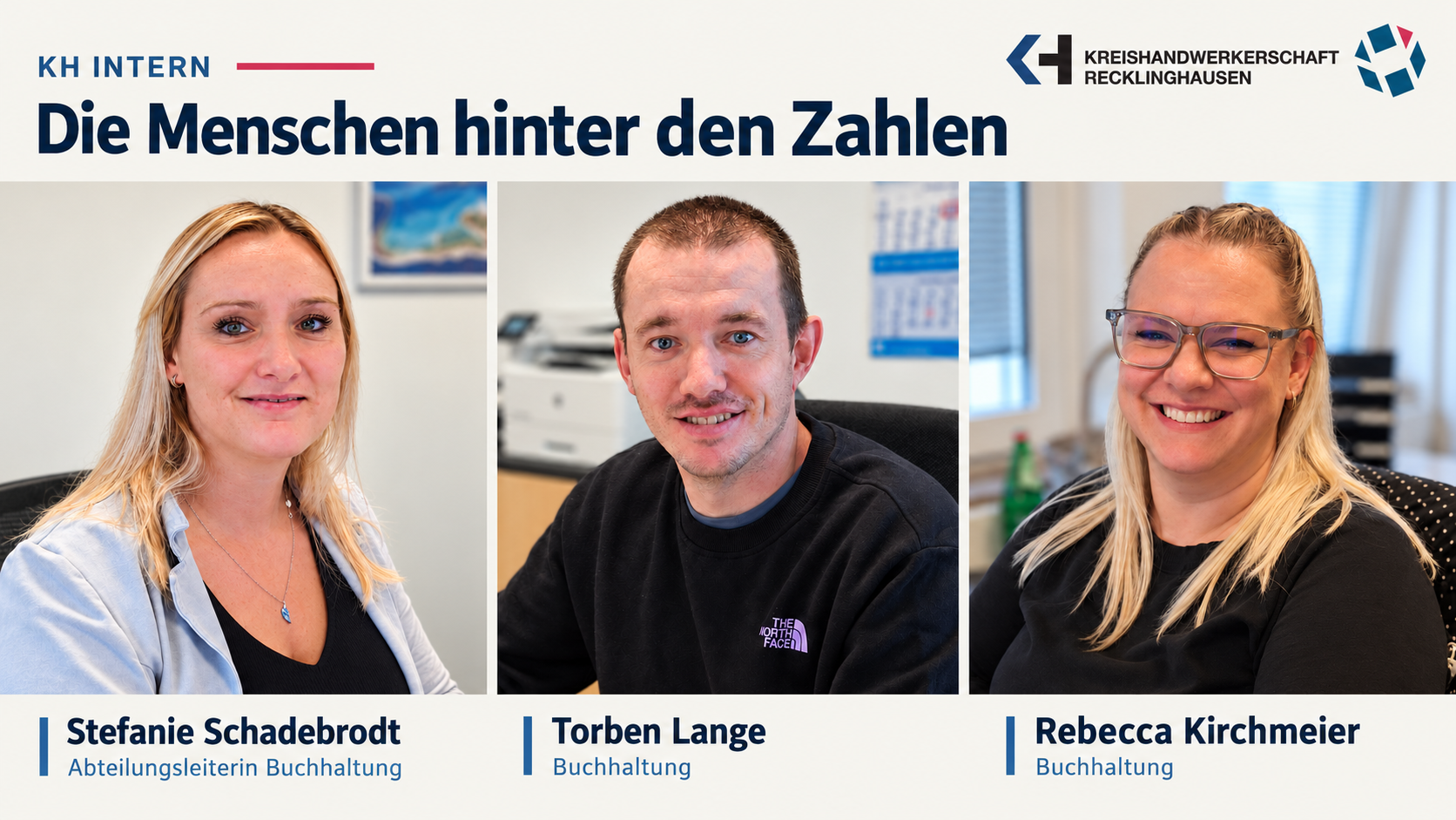 Team der Buchhaltung der Kreishandwerkerschaft Recklinghausen: Stefanie Schadebrodt, Torben Lange und Rebecca Kirchmeier.